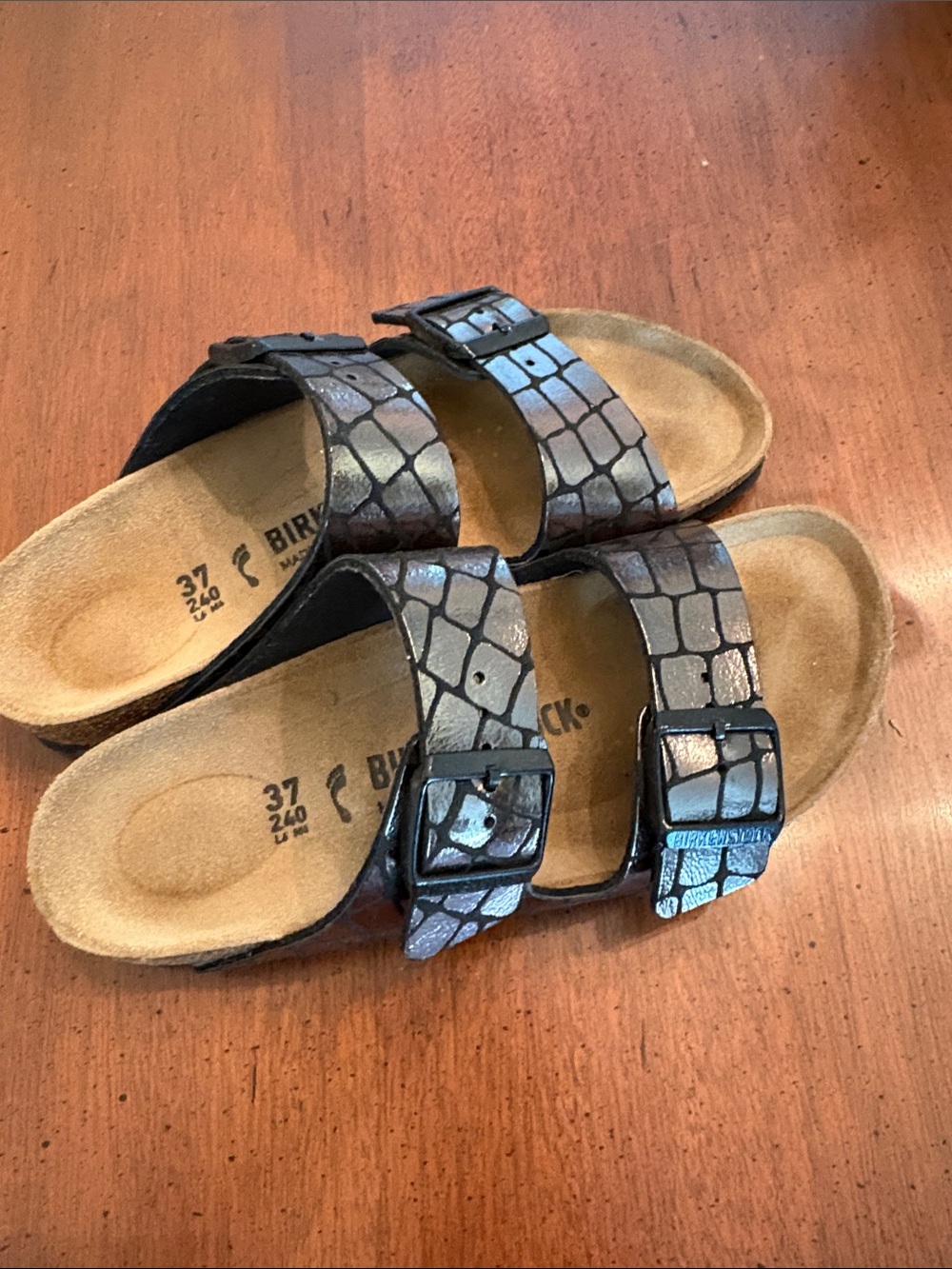 Birkenstock Arizona Metallic Croc-Print Dual Buckle Sandal - Picture 4 of 7